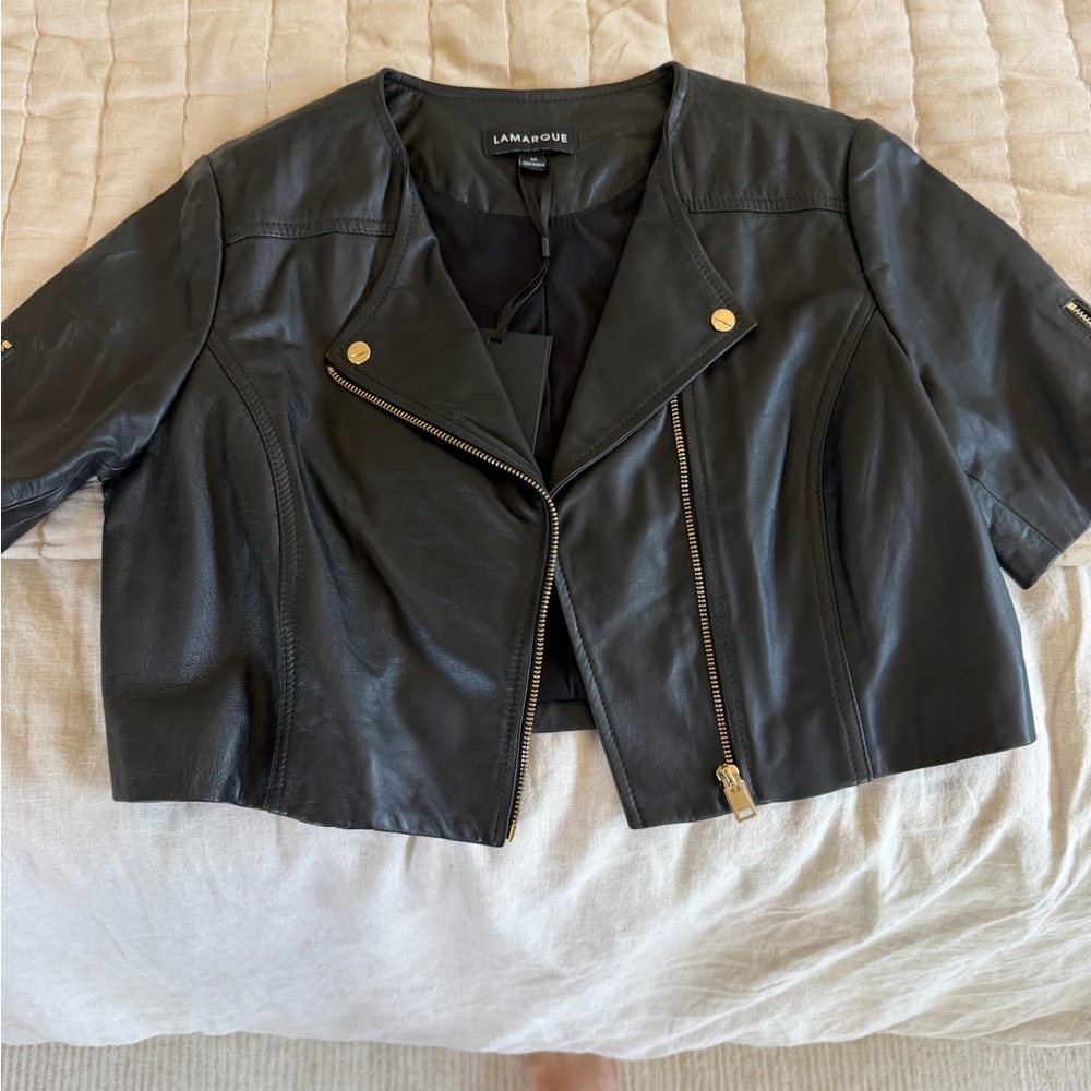 Lamarque Black Cropped Short-Sleeve Leather Moto Jacket - Picture 2 of 2